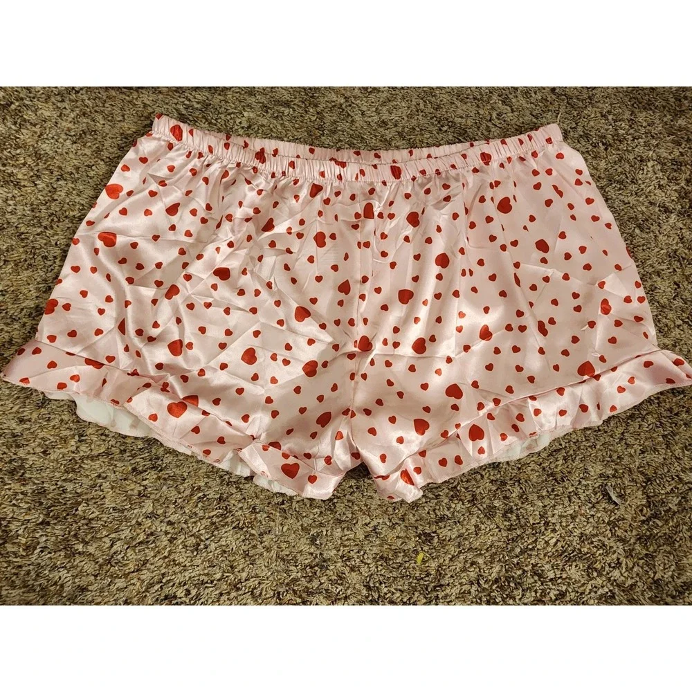 NWOT Pink Satin Heart Print Pajama Set XL Cami Top Ruffle Shorts Sleepwear